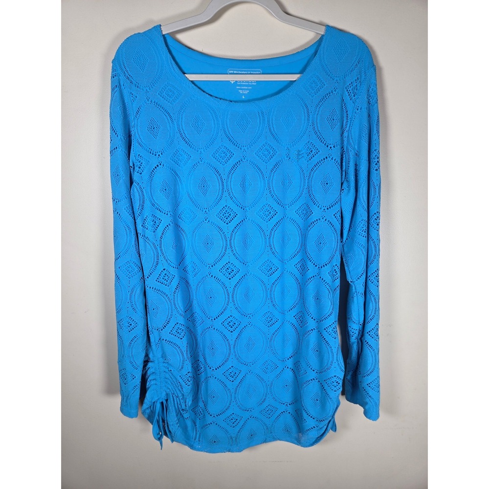 Coolibar Swim Cover Up Women Large Blue Crochet UPF 50 Long Sleeve Beach Resort